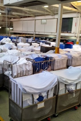 Linen bound for Melbourne hospitals at Spotless' laundry at Abbotsford.
