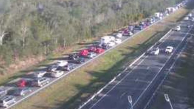 Traffic delays on the Bruce Highway at Red Road in Beerburrum heading south on Sunday afternoon.