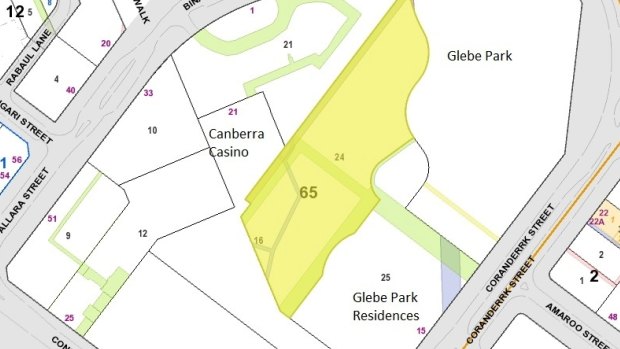 A map showing the Glebe Park section bought by the ACT government for $4.2 million.
