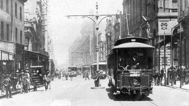 Trams run down George Street in the early 20th century. 