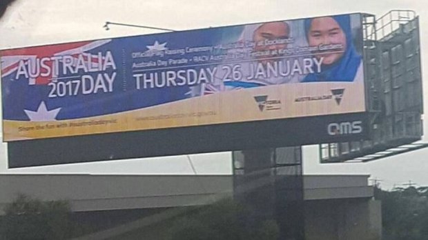The controversial Australia Day billboard featuring two young girls in hijab. 