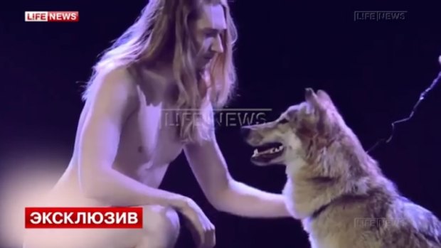 Still from Belarusian singer IVAN's training session / test run ahead of his bid to sing naked with wolves at the 2016 Eurovision song contest in Sweden.