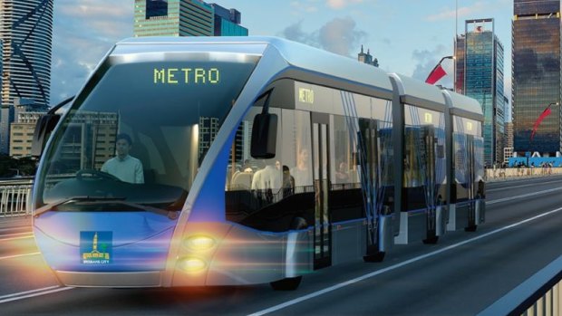 Artists' impression of a Brisbane Metro bi-articulated bus crossing the Victoria Bridge.
