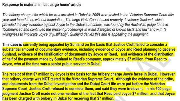 Extract of Ms Holzapfel's four-page defence of Sunland - the highlighted section shows just part of the statement that later appeared in Mr Robert's speech to Parliament.