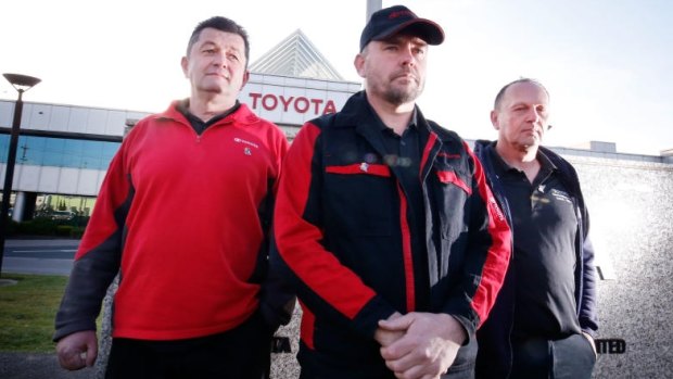 Long term employees Damir Dakovic, Matthew Kinson and Michael Spiteri outside Toyota's plant on its final day.