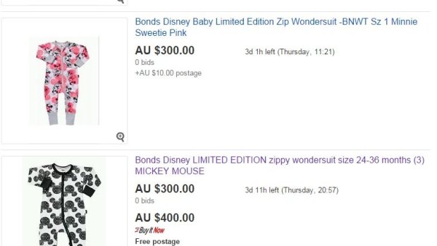 Bonds' new Mickey and Minnie Mouse Wondersuits, reselling for 10 times the retail value. 