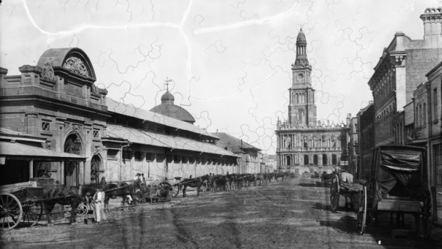 Back when: Looking south down York Street at the old markets, central police court and Sydney's Town Hall. 