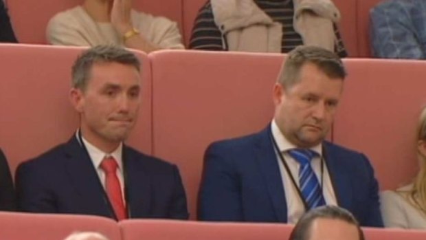Bill McNee (right) in the federal parliament at Pauline Hanson's maiden speech last year, with One Nation adviser James Ashby (left). 