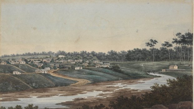 G.W. Evans 1809 painting shows the Gaol Bridge in Parramatta. To the left, on the hill, is Old Government House and on the far right is the prison in Prince Alfred Park.