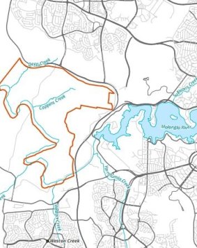The new Molonglo 3 urban area, for which the government's land agency wants an exemption from having to do a full environmental assessment. The are borders William Hovell Drive to the north and the Tuggeranong Parkway to the east.