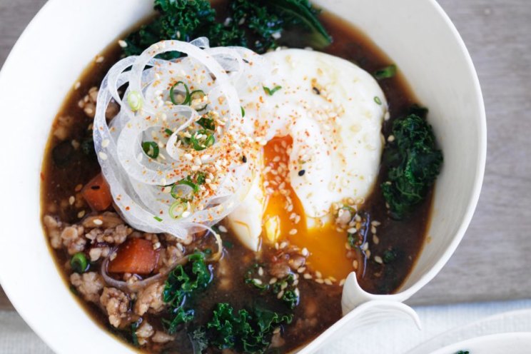 Spicy chicken miso soup with a poached egg