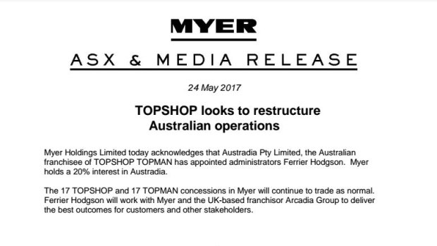 Myer released a statement after news broke that Topshop Australia had been put into voluntary administration.