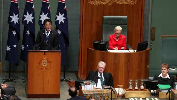 Japanese Prime Minister Shinzo Abe addresses Federal Parliament in Canberra.