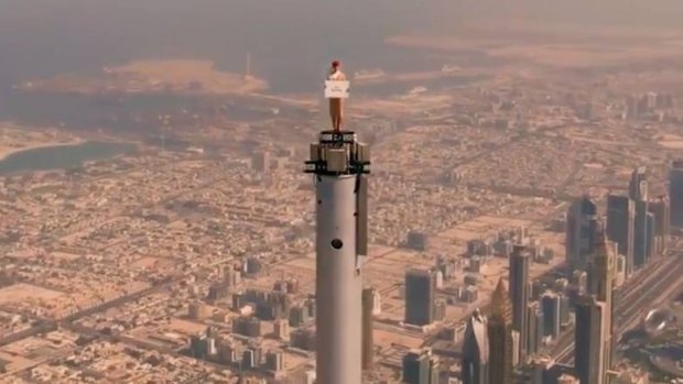Stuntwoman and skydiver Nicole Smith-Ludvik on top of the Burj Khalifa.