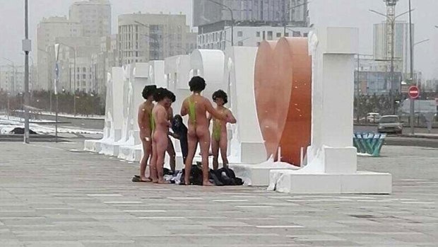 The group of Czech tourists dressed as Borat in Astana, Kazakhstan.