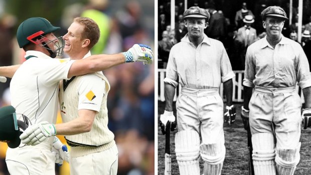 Shaun Marsh and Adam Voges (left) during their massive partnership and Don Bradman and Bill Ponsford (right).