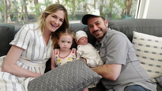 Kimmel with his wife Molly, daughter Jane and son Billy after he was released from hospital.