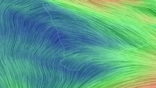 Wind map for Thursday morning, with the blue areas showing the low wind speeds over Perth contributing to the cold.
