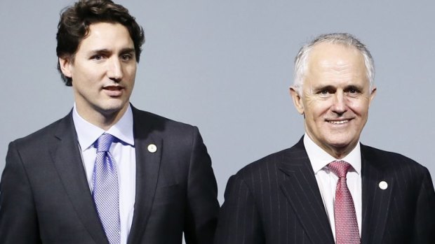 Canadian Prime Minister Justin Trudeau, Australian Prime Minister Malcolm Turnbull, French President Francois Hollande, Brazilian President Dilma Roussef and Chilean President Michelle Bachelet at the Paris summit.