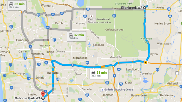 Motorists have a simple half-hour drive from Ellenbrook to Osborne Park. 