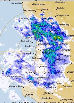 Weather radar shows the storms over WA's south on Saturday morning.