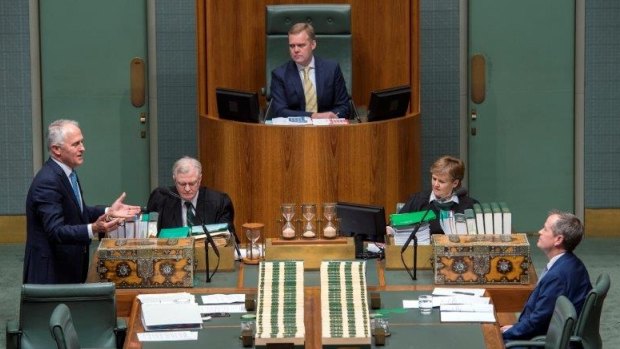 Speaker Tony Smith oversees Malcolm Turnbull and Bill Shorten in the House.
