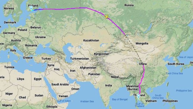 Finnair's previous route to Bangkok, prior to the closure of Russian airspace.