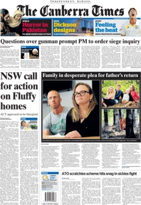 Front page of The Canberra Times, Thursday 18 December, 2014