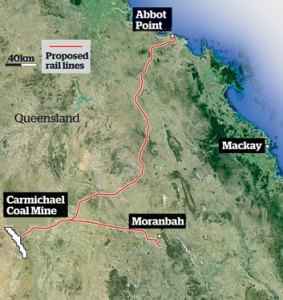 Adani's proposed mine and rail lines.