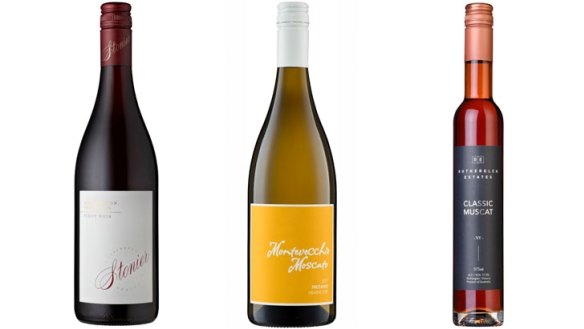 From left: Stonier Pinot Noir 2017; Chalmers Montevecchio Moscato Frizzante 2018; Rutherglen Estates Classic Muscat NV.