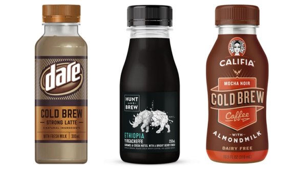 From left: Dare Cold Brew Strong Latte; Hunt and Brew Ethiopia Single Origin Black Coffee; Califia Farms Mocha Noir Cold Brew Coffee with Almond.