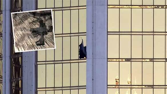 Part of the stash of guns (inset) that Las Vegas gunman Stephen Paddock used to shoot from a hole in the window of his hotel room in the Mandalay Bay hotel.