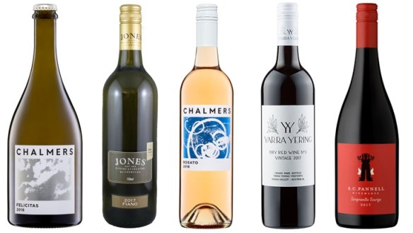From left: Chalmers Felicitas 2016; Jones Winery & Vineyard Fiano 2017; Chalmers Rosato 2018; Yarra Yering Dry Red No.3 2017; S. C. Pannell Tempranillo Touriga 2017.