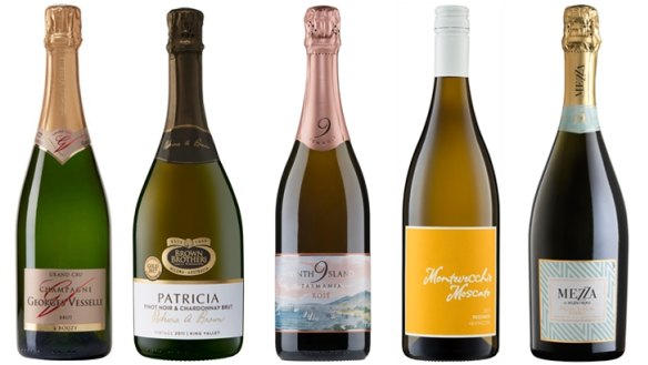 Pictured from left: Georges Vesselle Grand Cru a Bouzy Brut NV; Brown Brothers Patricia Pinot Noir Chardonnay Brut 2011; Ninth Island Brut Rosé NV; Chalmers Montevecchio Moscato Frizzante Heathcote 2017; Mezzacorona Mezza Italian Glacial Bubbly Extra Dry Sparkling NV.