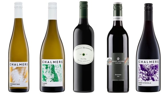 From left: Chalmers Vermentino 2018 $25-$27; Chalmers Fiano 2017; Mount Horrocks Clare Valley Nero d'Avola 2017; Mount Majura Graciano 2018; Chalmers Heathcote Nero d'Avola 2017.