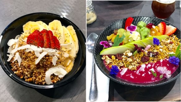 A smoothie bowl at Bowl'N (left) and 'pot of rainbow' at Esprezzo.