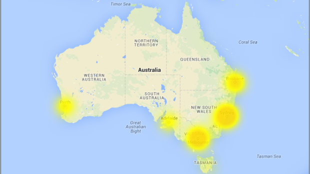 A map of areas affected by outages on the Australian Telstra network on Tuesday.