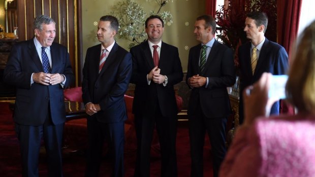 New brooms: (left to right) Duncan Gay, the new leader of the Government in the state's upper house, with Treasurer Andrew Constance, new Police Minister Stuart Ayres, Environment Minister Robert Stokes, and Matthew Mason-Cox wait to be sworn-in by NSW Governor, Marie Bashir.