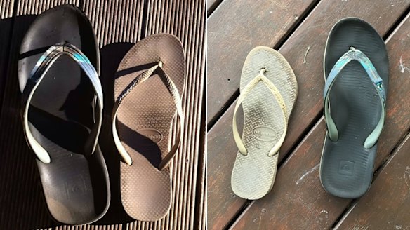 The matching odd pairs of thongs.