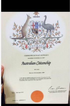 Pekojima also posted an Australian Citizenship certificate awarded to Wu Wei. 