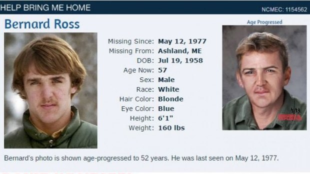 A missing person's poster, with an age-progression image of Bernard Ross. 