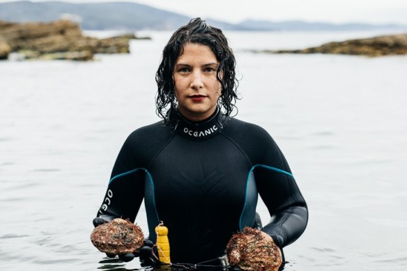 Analiese Gregory, head chef of Franklin in Hobart diving for abalone. 