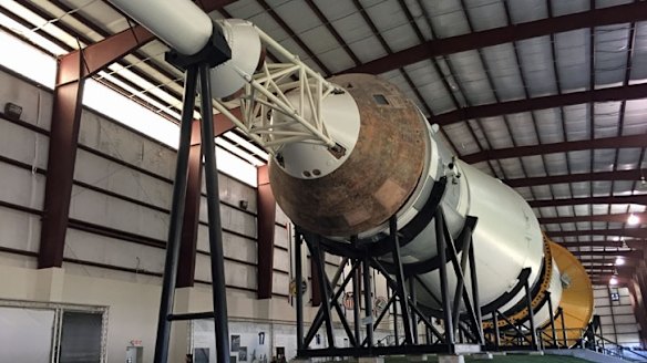 The giant Saturn V rocket which launched us to the Moon, complete with a rusted Command Module, on display at Johnson Space Center in Houston, Texas.