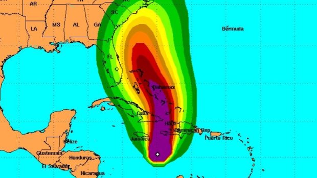 A map showing the expected wind speeds generated by Hurricane Matthew.