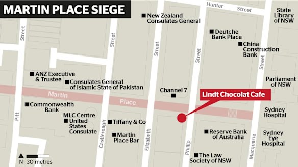 A map showing the siege location in Sydney's CBD, and some of the surrounding prominent buildings