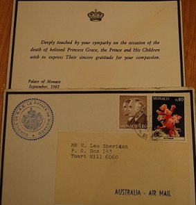 A reply card from Monaco to Leo Sheridan in 1982.