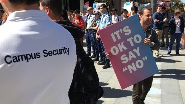 Hundreds of counter-protesters gathered around a man encouraging Sydney University students to "vote no" in the same-sex marriage postal vote.
