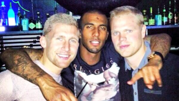 Southern Stars soccer players Lewis Smith, Reiss Noel and Joe Woolley at a Melbourne nightclub in 2013.