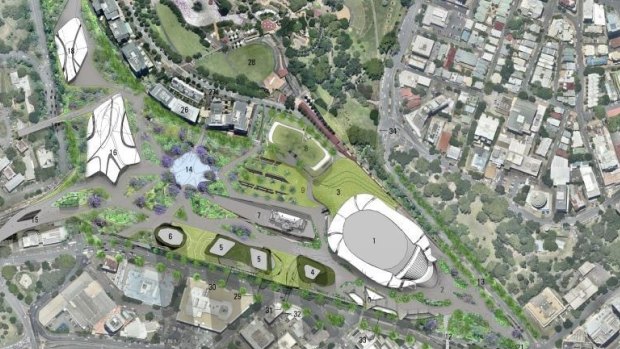 An artists impression of the proposed $2 billion entertainment precinct AEG Ogden will take to the State Government.