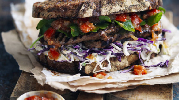 Neil Perry's steak sandwich with coleslaw and tomato chilli relish.